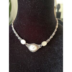 Sterling Silver Necklace 16.5” Oval Mother Of Pearl Marcasites Vintage-Inspired